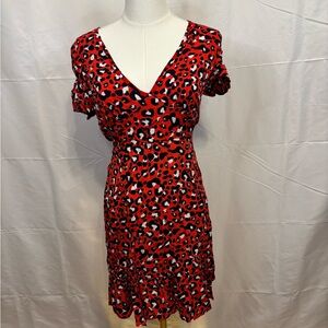 Red Leopard Print Wrap Style Mini Dress Small Ruffle Hem